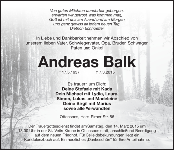 Traueranzeige von Andreas Balk von Pegnitz-Zeitung