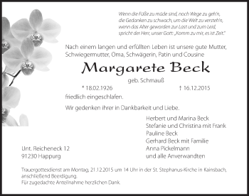 Traueranzeige von Margarete Beck von Hersbrucker Zeitung