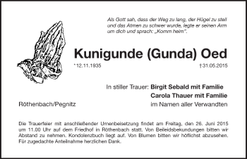 Traueranzeige von Kunigunde Gunda  Oed von Pegnitz-Zeitung