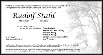 Traueranzeige von Rudolf Stahl von Pegnitz-Zeitung