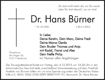 Traueranzeige von Hans Bürner von Pegnitz-Zeitung