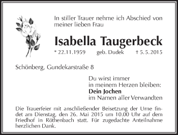 Traueranzeige von Isabella Taugerbeck von Pegnitz-Zeitung