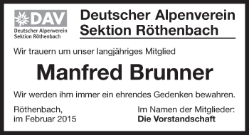 Traueranzeige von Manfred Brunner von Pegnitz-Zeitung