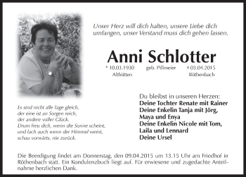 Traueranzeige von Anni Schlotter von Pegnitz-Zeitung