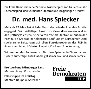 Traueranzeige von Hans Spiecker von Pegnitz-Zeitung