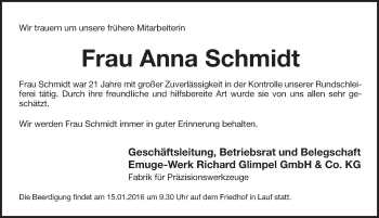 Traueranzeige von Anna Schmidt von Pegnitz-Zeitung