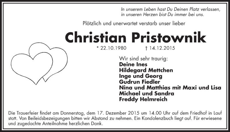  Traueranzeige für Christian Pristownik vom 16.12.2015 aus Pegnitz-Zeitung
