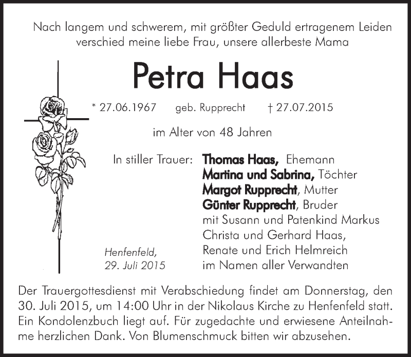  Traueranzeige für Petra Haas vom 29.07.2015 aus Pegnitz-Zeitung