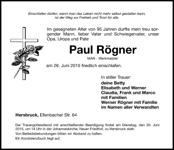 Traueranzeige von Paul Rögner von Hersbrucker Zeitung