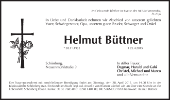 Traueranzeige von Helmut Büttner von Pegnitz-Zeitung