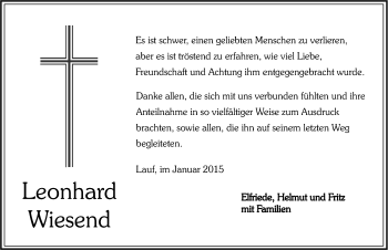 Traueranzeige von Leonhard Wiesend von Pegnitz-Zeitung