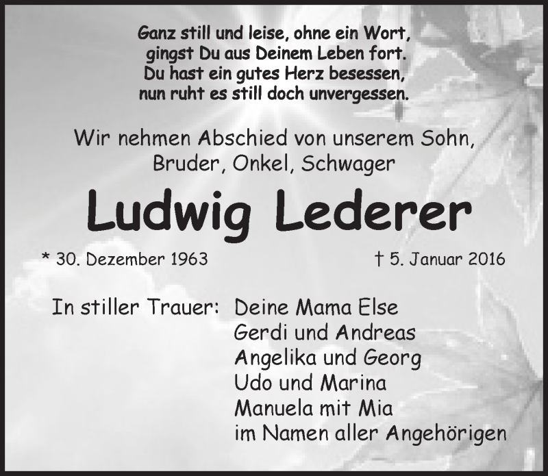  Traueranzeige für Ludwig Lederer vom 16.01.2016 aus Hersbrucker Zeitung