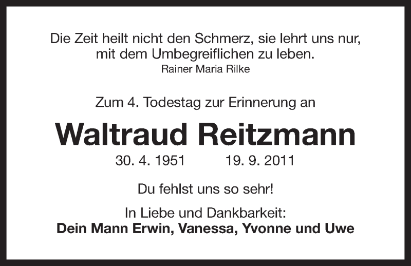  Traueranzeige für Waltraud Reitzmann vom 19.09.2015 aus Der Bote