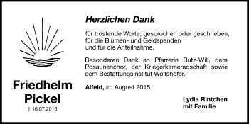 Traueranzeige von Friedhelm Pickel von Hersbrucker Zeitung