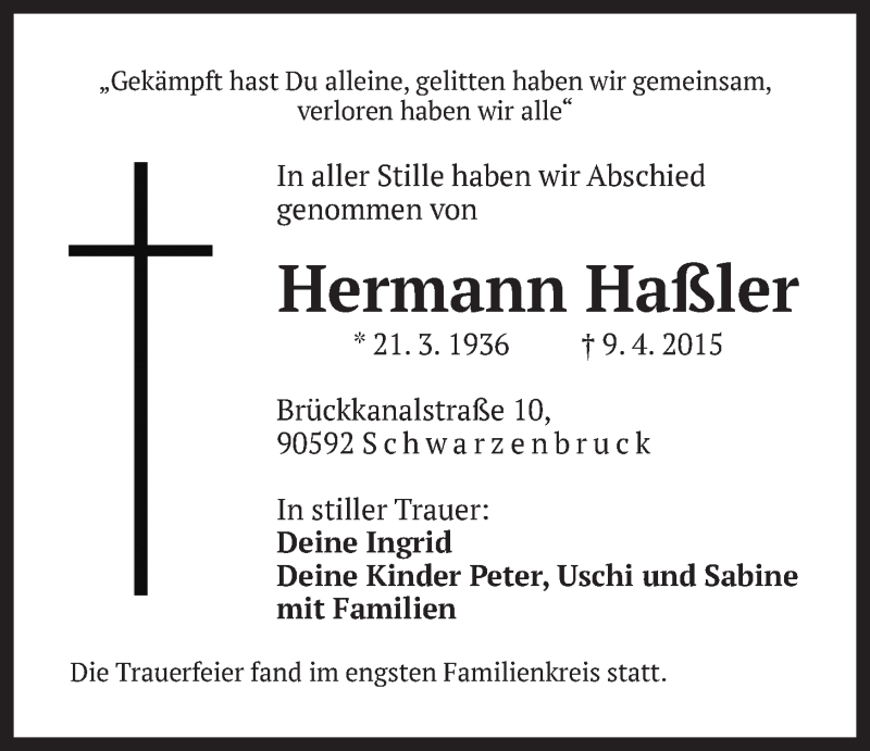  Traueranzeige für Hermann Haßler vom 18.04.2015 aus Der Bote