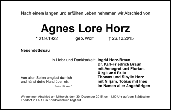 Traueranzeige von Agnes Lore Horz von Pegnitz-Zeitung