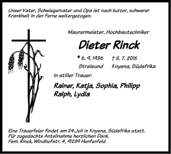 Traueranzeige von Dieter Rinck von Pegnitz-Zeitung