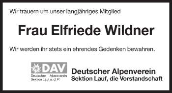 Traueranzeige von Berta Elfriede Wildner von Pegnitz-Zeitung