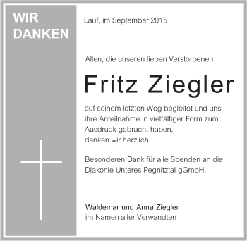 Traueranzeige von Fritz Ziegler von Pegnitz-Zeitung