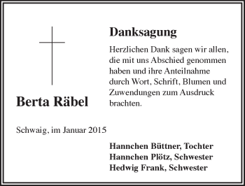 Traueranzeige von Berta Räbel von Pegnitz-Zeitung