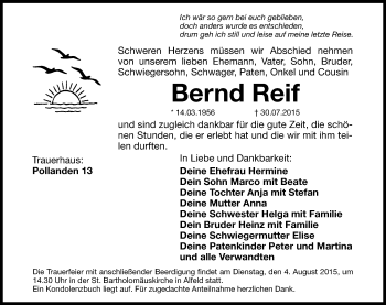 Traueranzeige von Bernd Reif von Hersbrucker Zeitung
