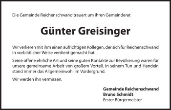 Traueranzeige von Günter Greisinger von Hersbrucker Zeitung