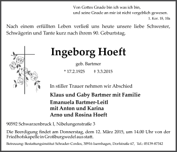 Traueranzeige von Ingeborg Hoeft von Der Bote