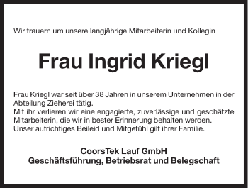 Traueranzeige von Ingrid Kriegl von Hersbrucker Zeitung