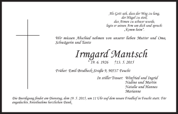 Traueranzeige von Irmgard Mantsch von Der Bote