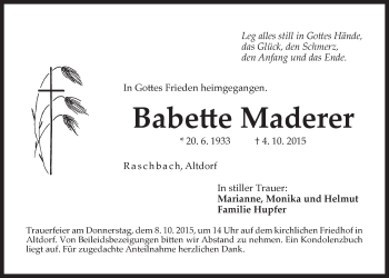 Traueranzeige von Babette Maderer von Der Bote
