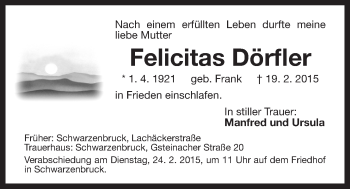 Traueranzeige von Felicitas Dörfler von Der Bote