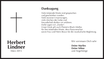 Traueranzeige von Herbert Lindner von Pegnitz-Zeitung