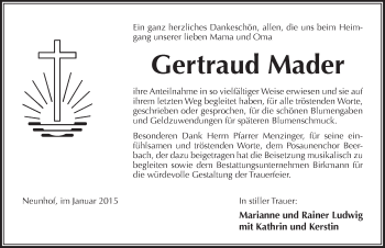 Traueranzeige von Gertraud Mader von Pegnitz-Zeitung