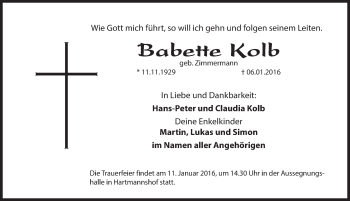Traueranzeige von Babette Kolb von Hersbrucker Zeitung
