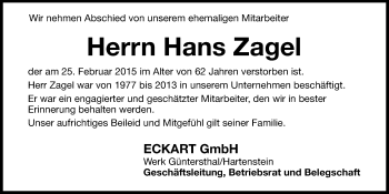 Traueranzeige von Hans Zagel von Hersbrucker Zeitung