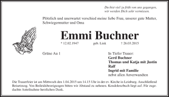 Traueranzeige von Emmi Buchner von Pegnitz-Zeitung