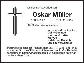 Traueranzeige von Oskar Müller von Der Bote
