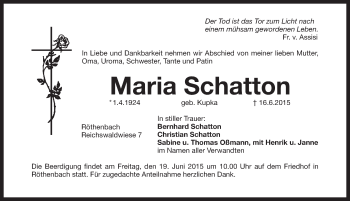 Traueranzeige von Maria Schatton von Pegnitz-Zeitung