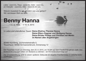 Traueranzeige von Benny Hanna von Der Bote