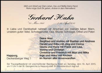 Traueranzeige von Gerhard Hahn von Hersbrucker Zeitung