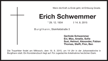 Traueranzeige von Erich Schwemmer von Der Bote
