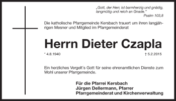 Traueranzeige von Dieter Czapla von Pegnitz-Zeitung