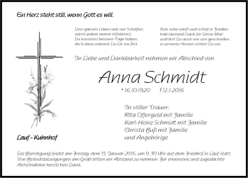 Traueranzeige von Anna Schmidt von Pegnitz-Zeitung