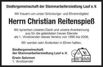 Traueranzeige von Christian Reitenspieß von Pegnitz-Zeitung
