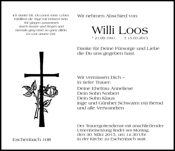 Traueranzeige von Willi Loos von Hersbrucker Zeitung