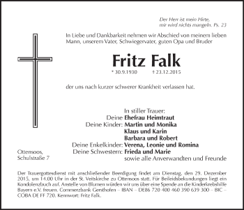 Traueranzeige von Fritz Falk von Pegnitz-Zeitung