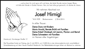 Traueranzeige von Josef Hirnigl von Hersbrucker Zeitung