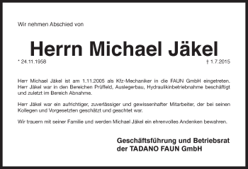 Traueranzeige von Michael Jäkel von Pegnitz-Zeitung