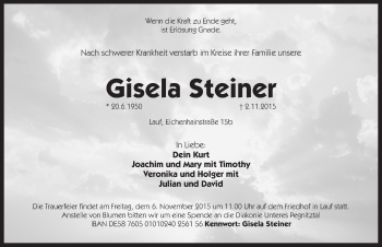 Traueranzeige von Gisela Steiner von Pegnitz-Zeitung