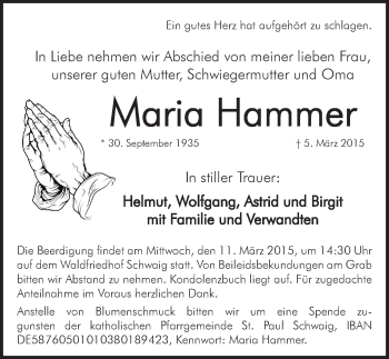 Traueranzeige von Maria Hammer von Pegnitz-Zeitung
